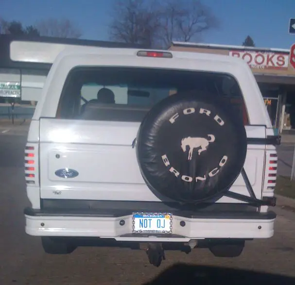 Vanity License Plate White Bronco Not OJ