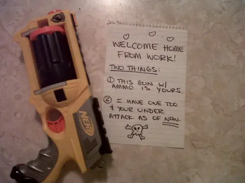 Nerf Gun Note Home From Work Under Attack